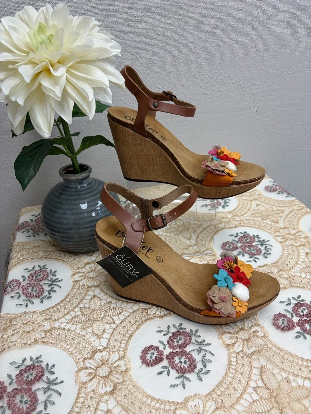 Bio-Step Boho Floral Brown Wedge Sandals